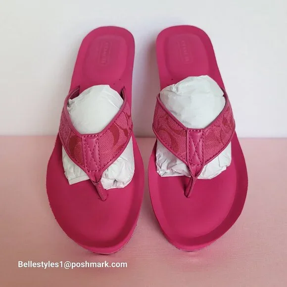 COACH Jaicee Wedge Platform Sandals in Signature Fabric-Fuchsia color.Size 9.5B⭐ - Picture 6 of 16